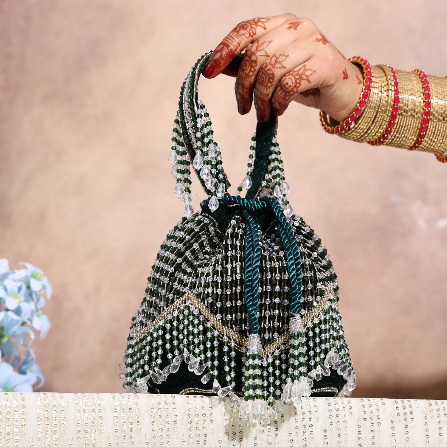 Zarreen Green Velvet Bucket Potli Bag