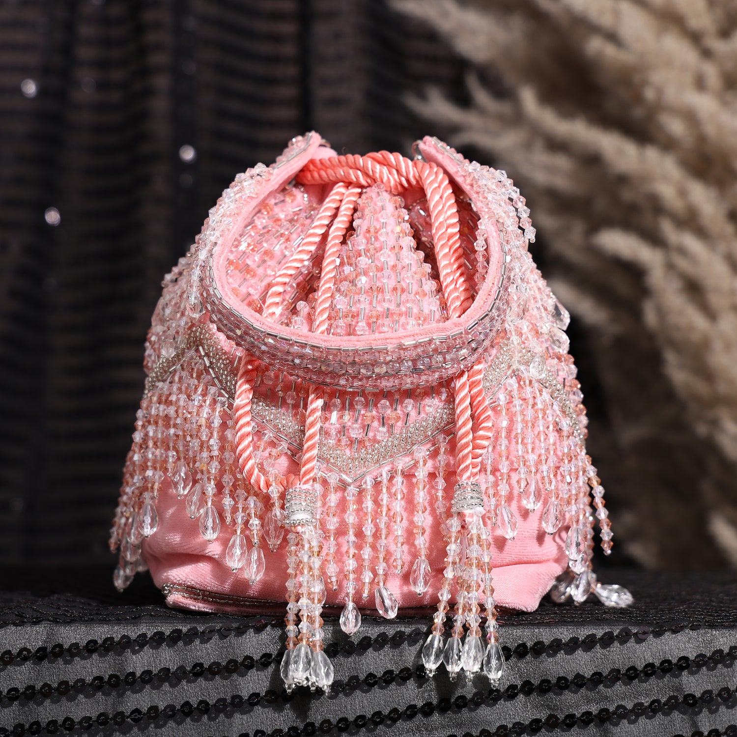 Mahira Pink Velvet Bucket Potli Bag