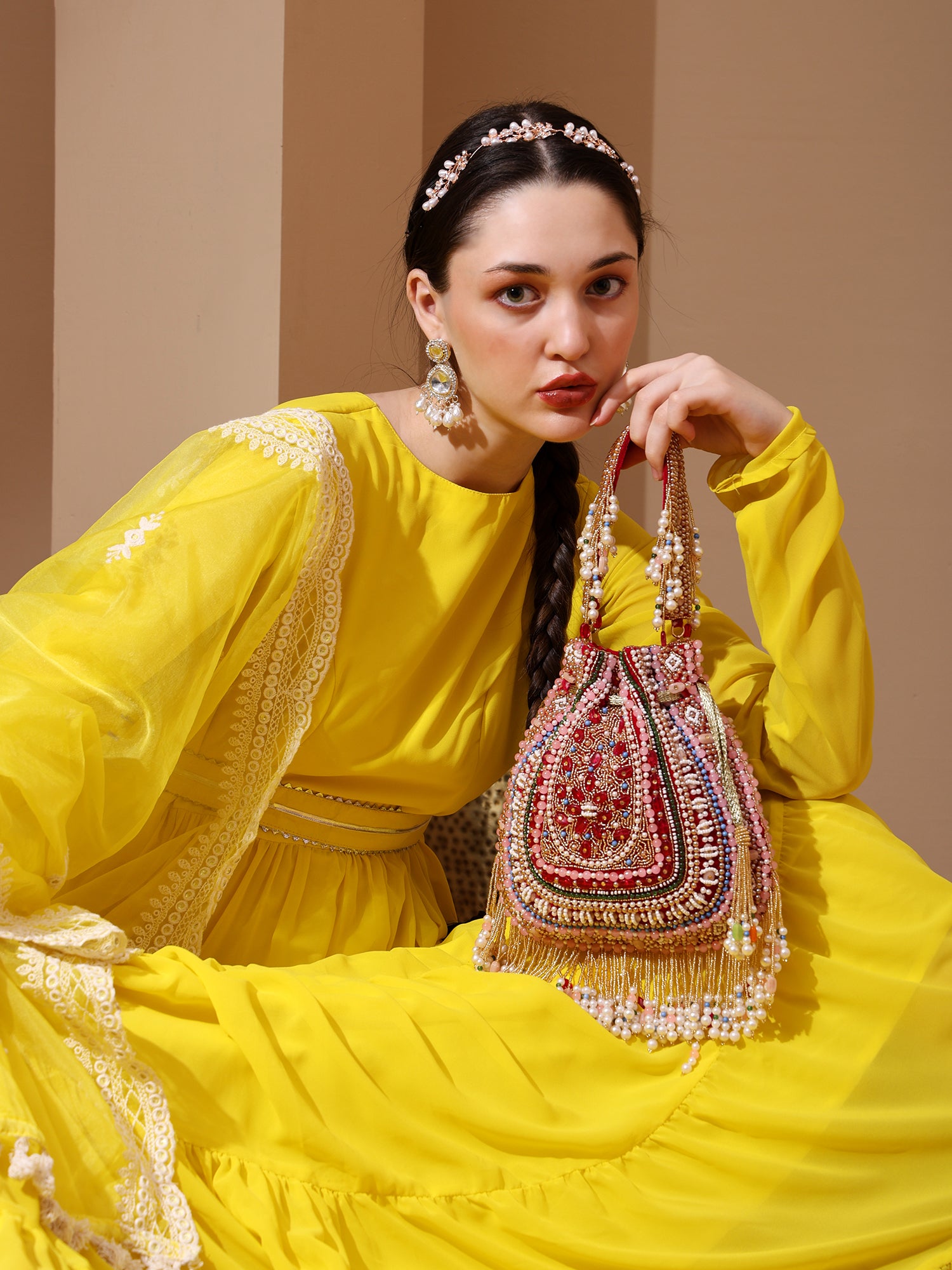 Zahra  Magenta Velvet Potli Bag