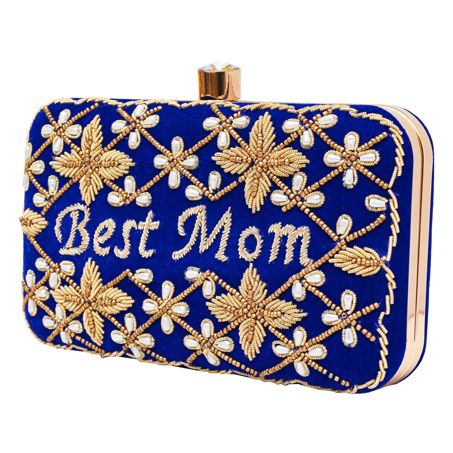 Royal Blue Customised Velvet Clutch – “Best Mom” Edition