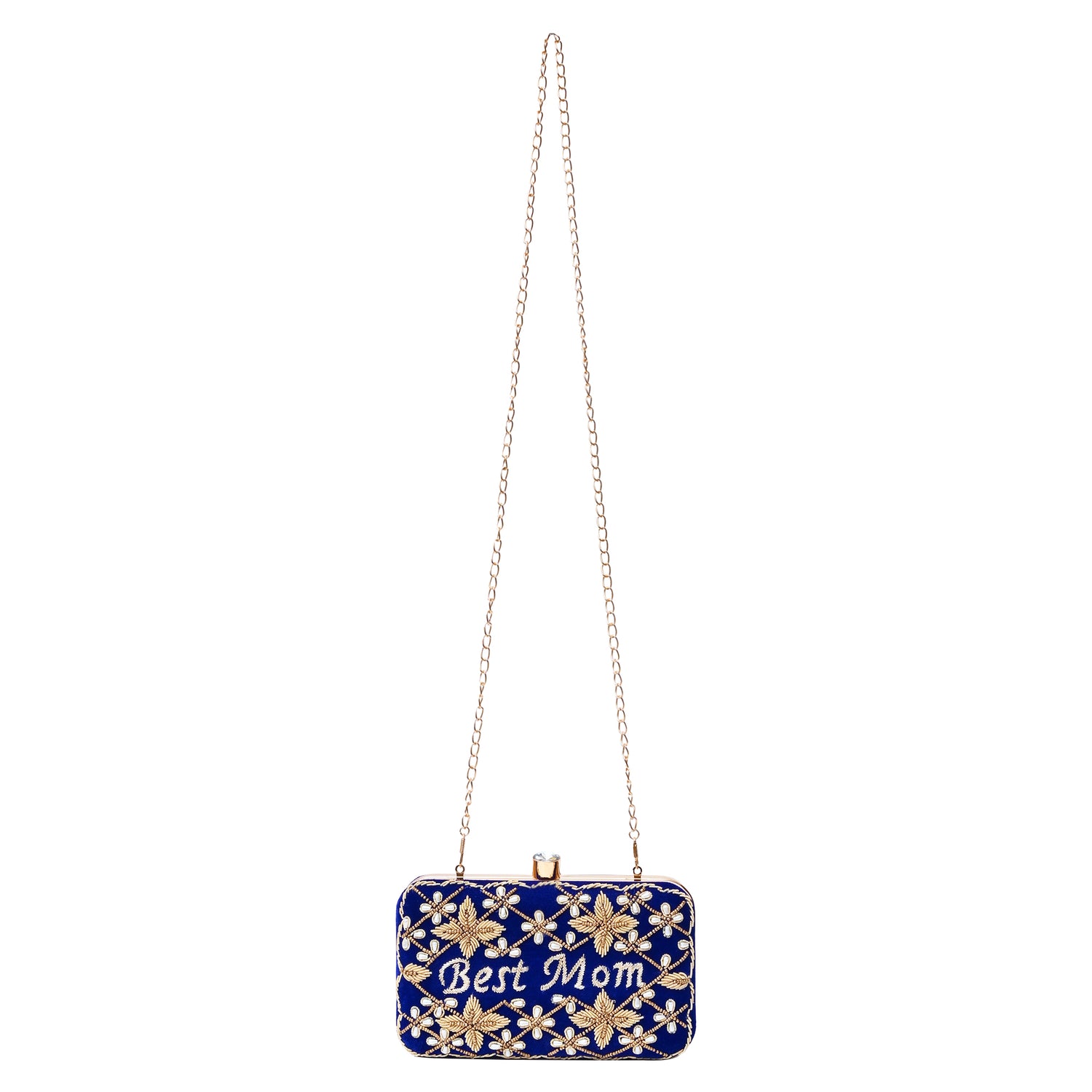 Royal Blue Customised Velvet Clutch – “Best Mom” Edition