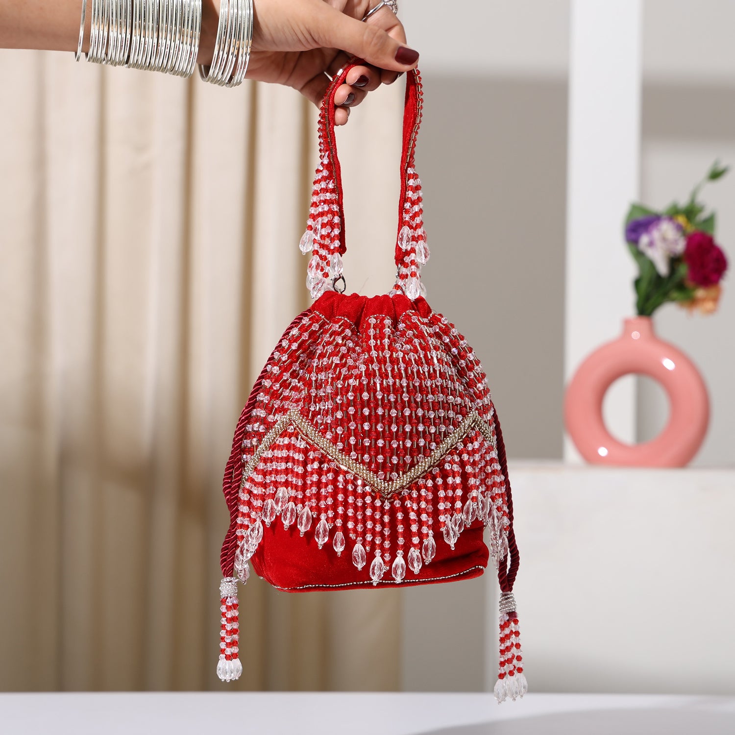 Mahira  Red Velvet Bucket Potli Bag