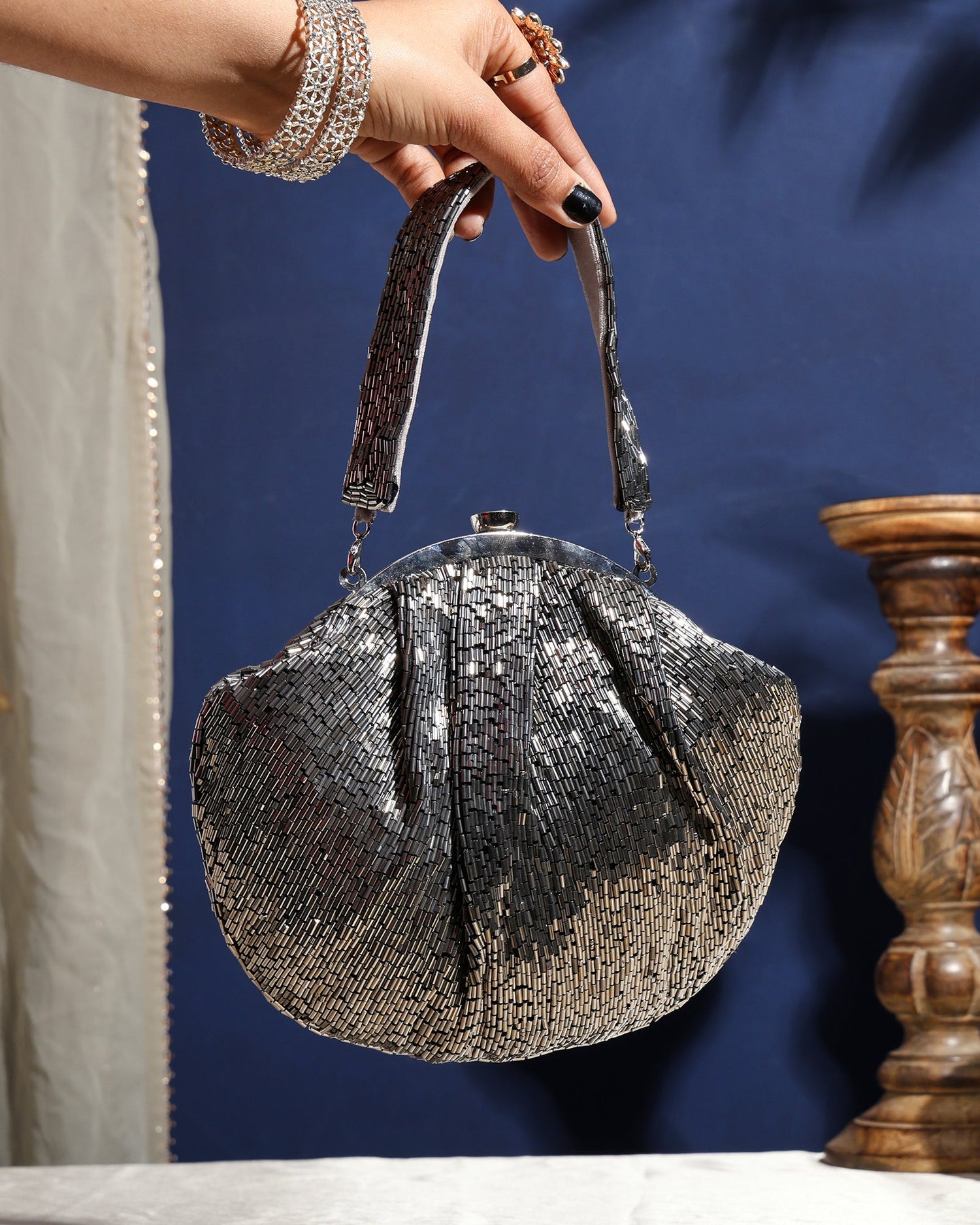 ZEENAT SILVER NALKI BATUA BAG