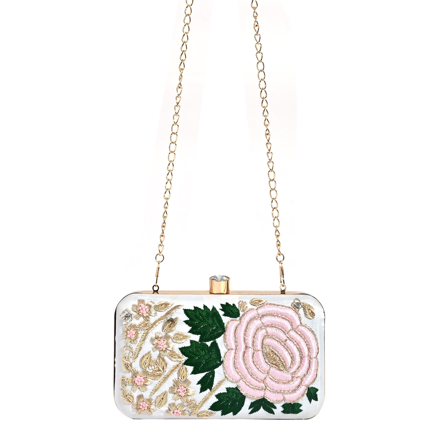 ROSETTE EMBROIDERED WHITE CLUTCH