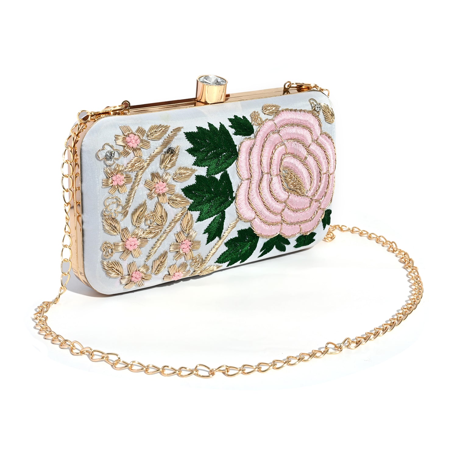 ROSETTE EMBROIDERED WHITE CLUTCH