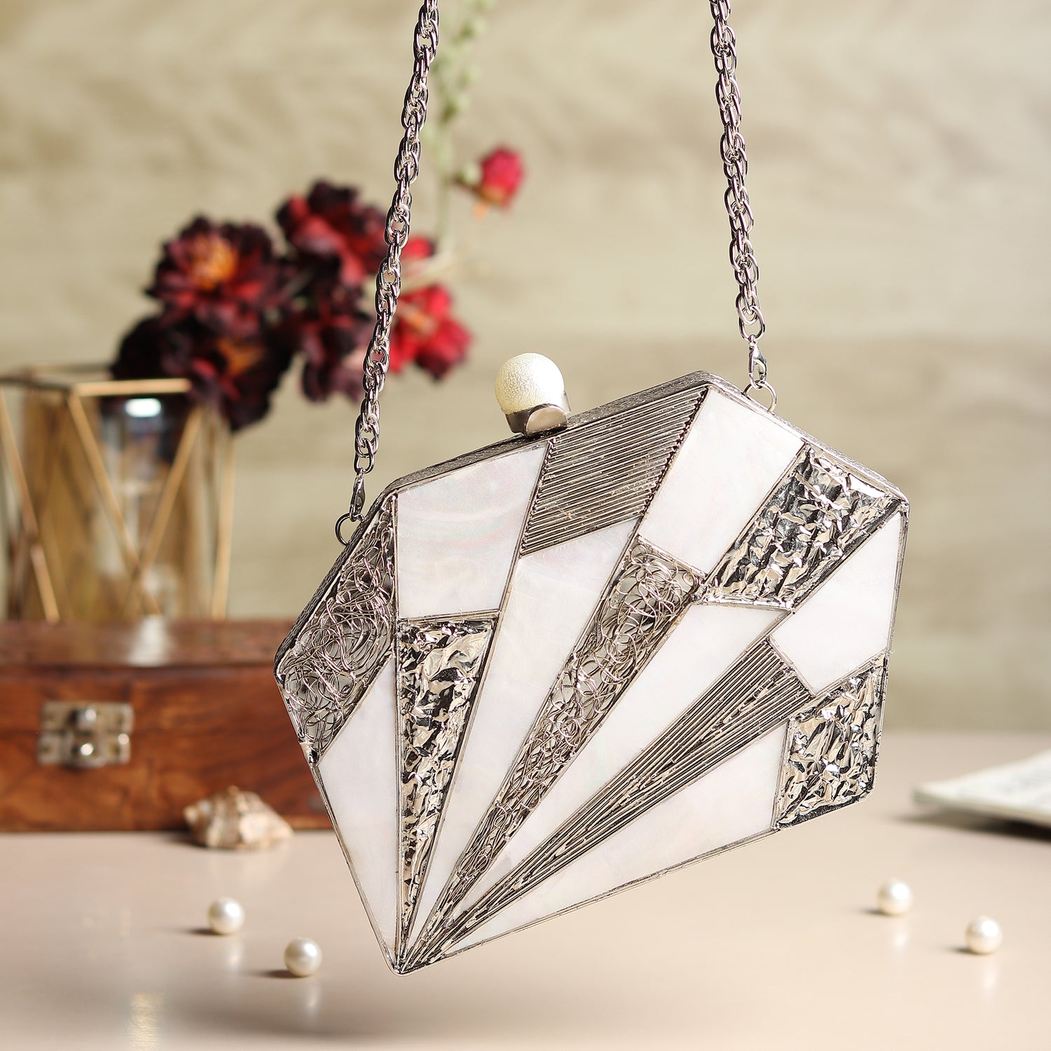 Ishara Silver Mother Of Pearl Clutch Bag