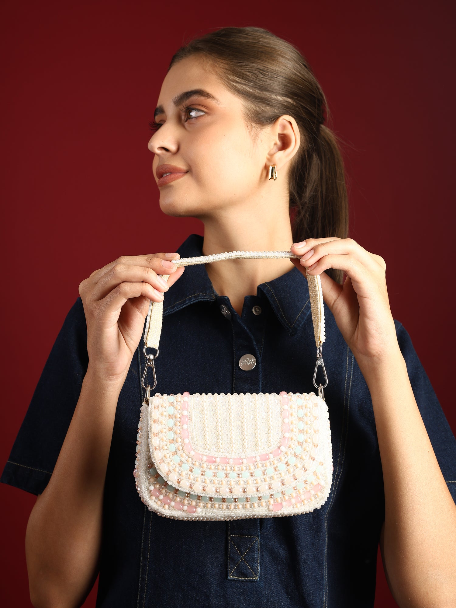 Tarini White Beaded Bag