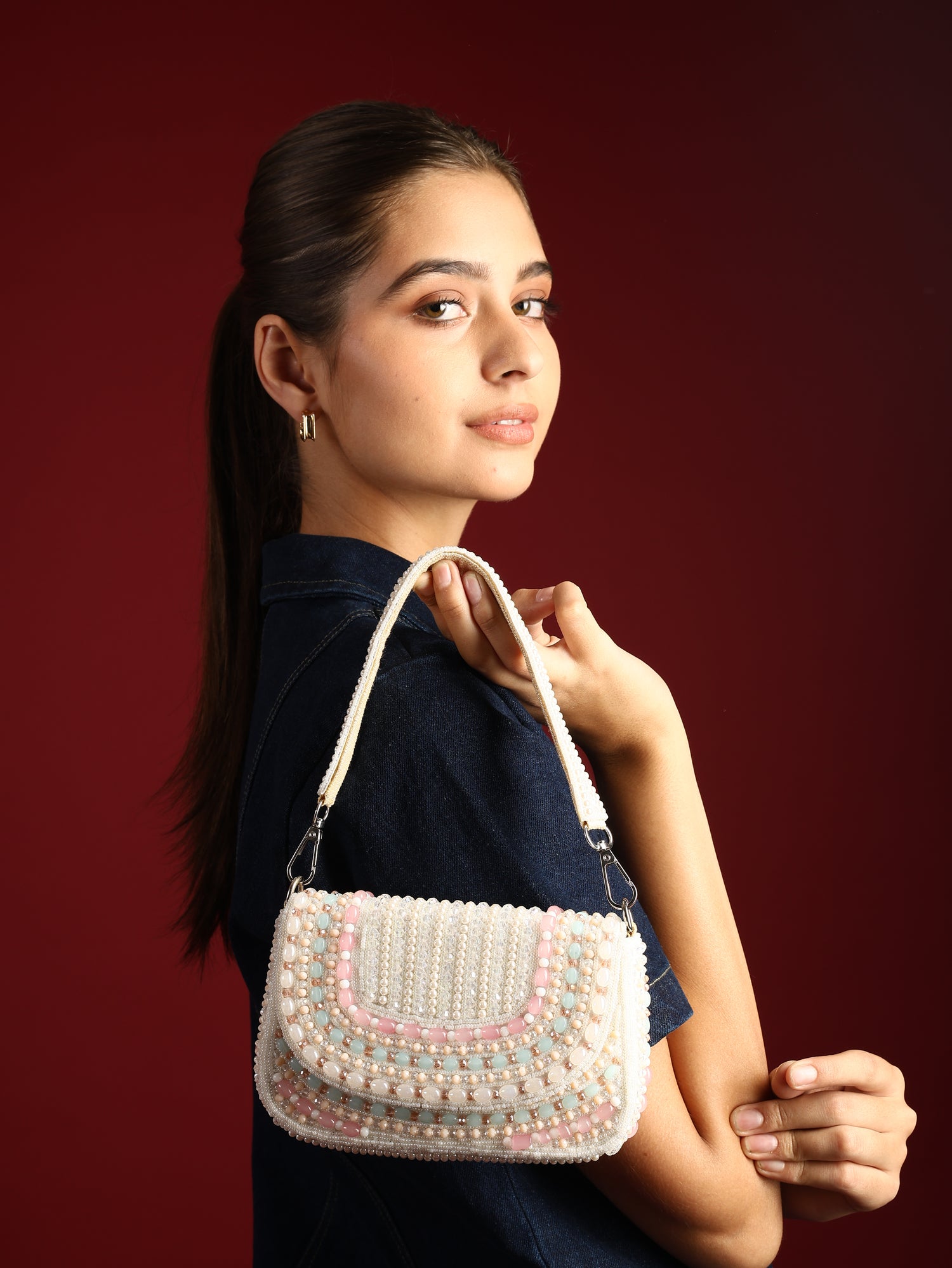 Tarini White Beaded Bag