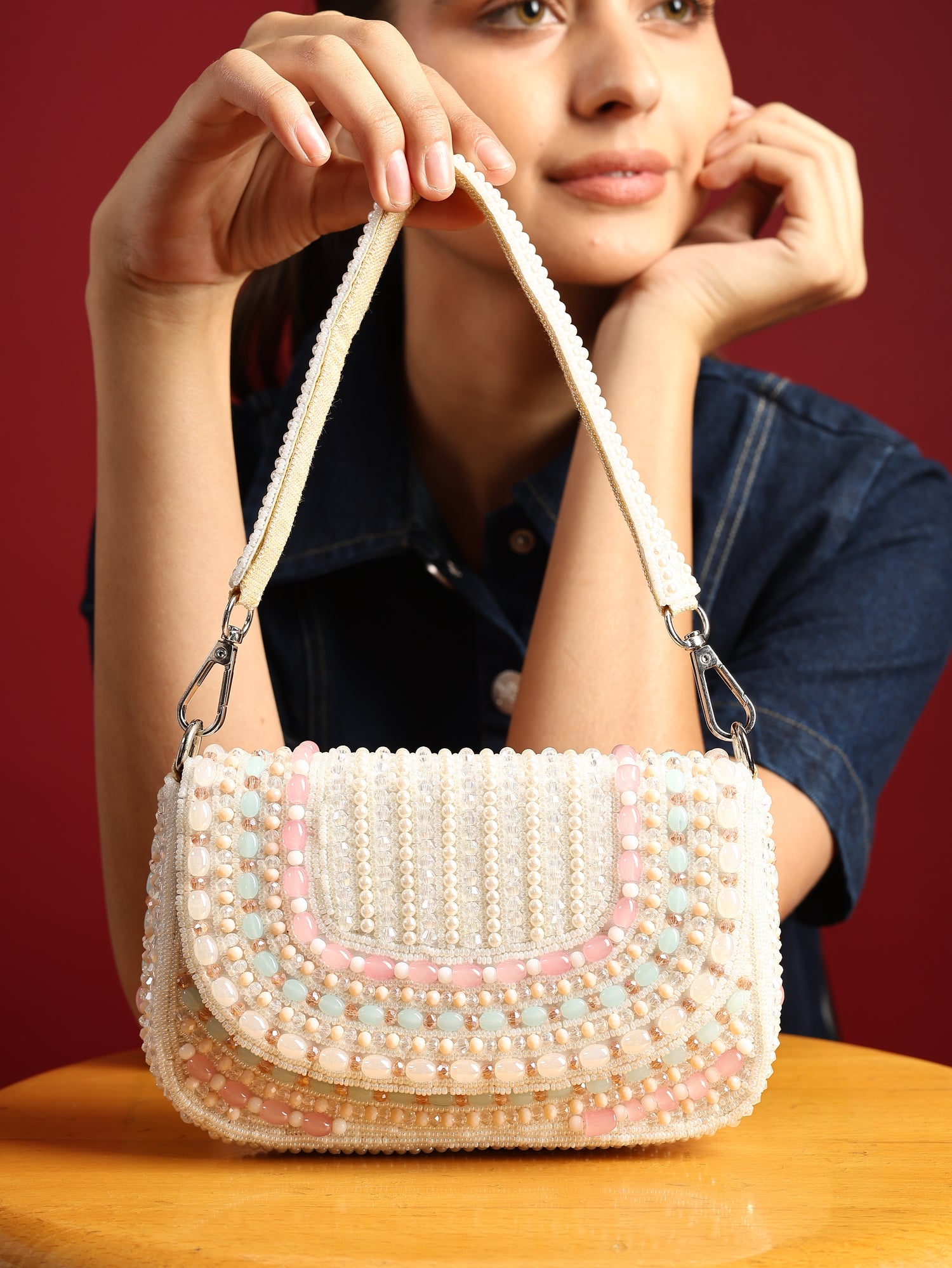Tarini White Beaded Bag